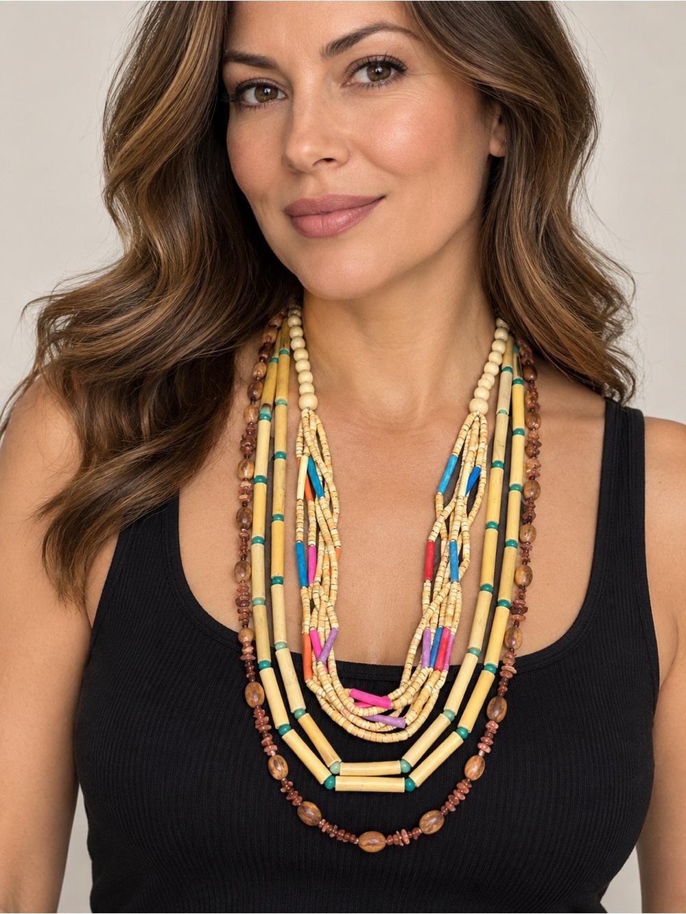 Italian Vintage 4 Pieces Set Wooden Beaded Statement Necklaces Boho